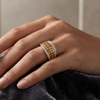 9K gold lattice crystal ring for girls with wide openwork mesh design and white stone-studded borders by Marvel Silver.