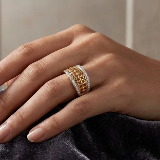 9K gold lattice crystal ring for girls with wide openwork mesh design and white stone-studded borders by Marvel Silver.