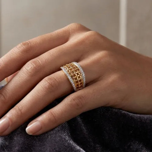 9K gold lattice crystal ring for girls with wide openwork mesh design and white stone-studded borders by Marvel Silver.