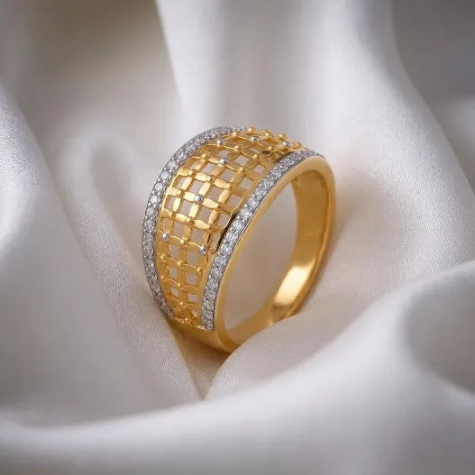 9K gold lattice crystal ring for girls with wide openwork mesh design and white stone-studded borders by Marvel Silver.