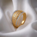 9K gold lattice crystal ring for girls with wide openwork mesh design and white stone-studded borders by Marvel Silver.