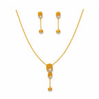 9K gold leaf drop necklace set for women with textured leaf pendant, stone detailing and matching hanging earrings by Marvel Silver.