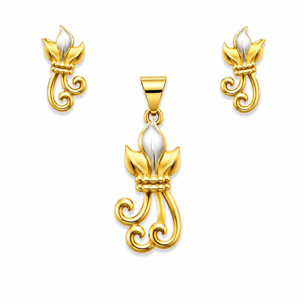 Marvel Silver 9K Gold Leaf Necklace Set with Matching Earrings, Dual-Tone Designer Pendant Set for Women, Chain Not Included