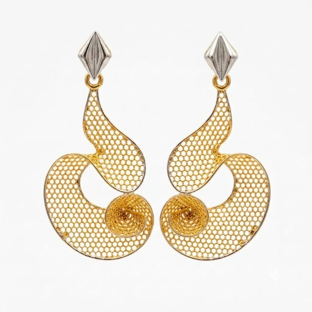 9K gold mesh spiral dangler earrings for girls with openwork design and silver-tone top accent by Marvel Silver.