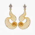 9K gold mesh spiral dangler earrings for girls with openwork design and silver-tone top accent by Marvel Silver.