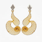 9K gold mesh spiral dangler earrings for girls with openwork design and silver-tone top accent by Marvel Silver.