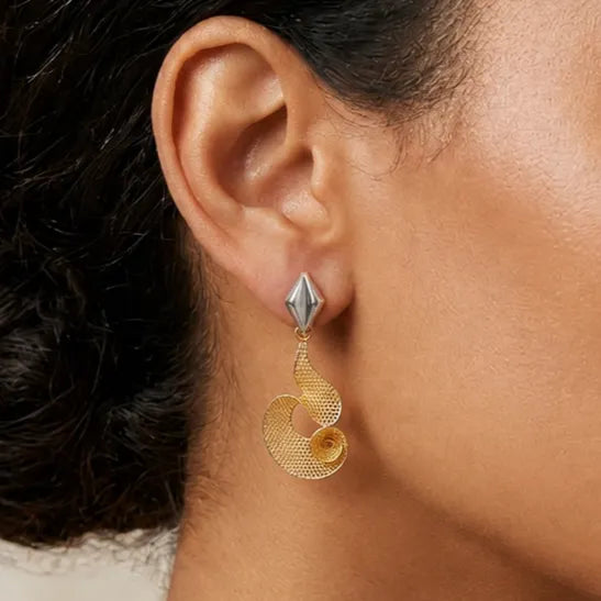 9K gold mesh spiral dangler earrings for girls with openwork design and silver-tone top accent by Marvel Silver.