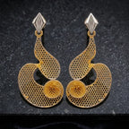 9K gold mesh spiral dangler earrings for girls with openwork design and silver-tone top accent by Marvel Silver.