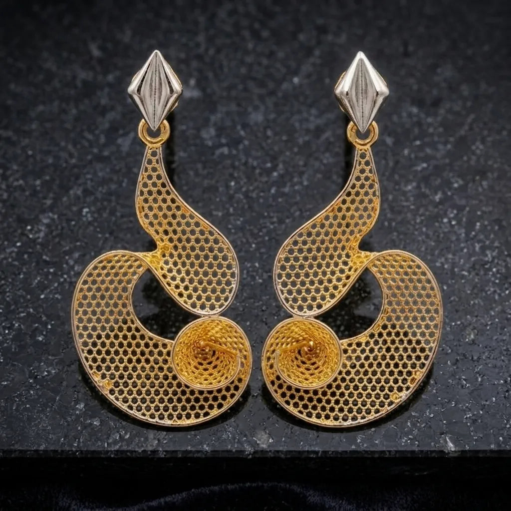 9K gold mesh spiral dangler earrings for girls with openwork design and silver-tone top accent by Marvel Silver.