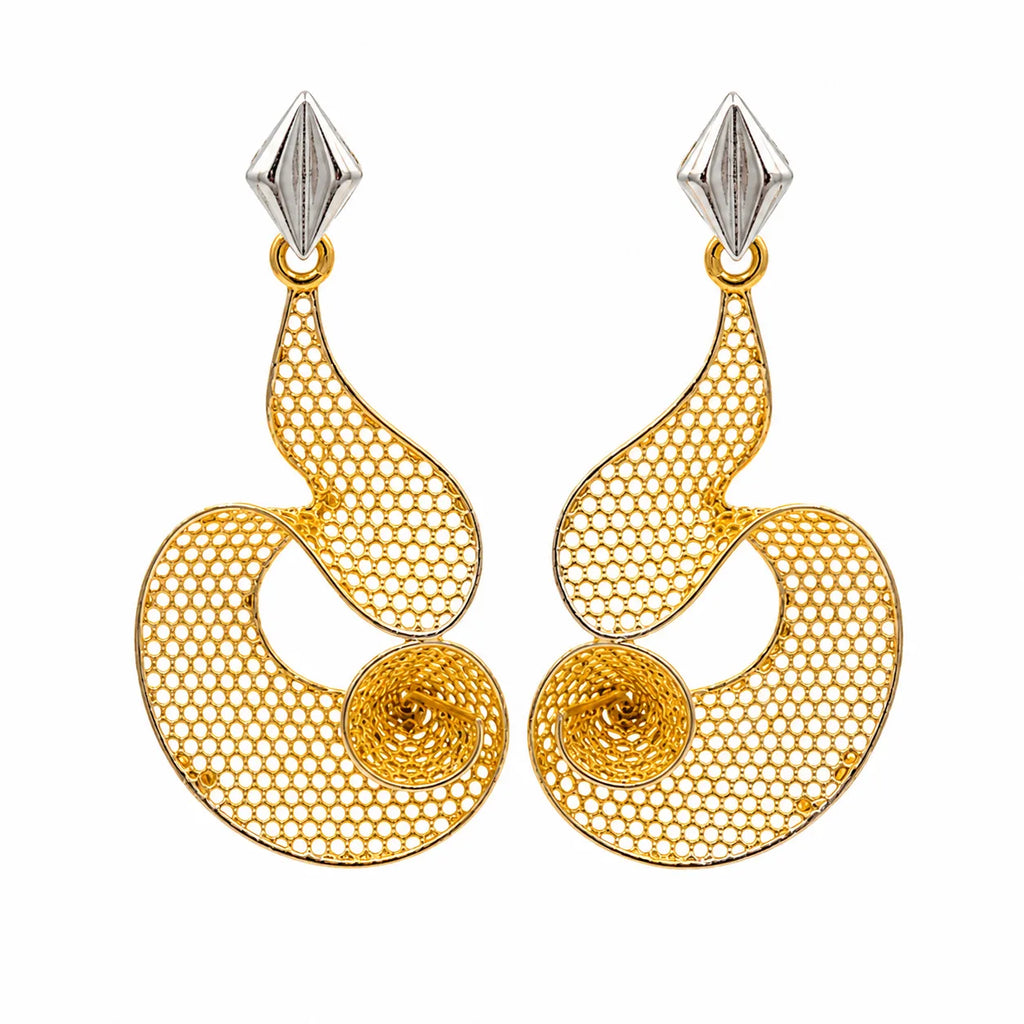 9K gold mesh spiral dangler earrings for girls with openwork design and silver-tone top accent by Marvel Silver.