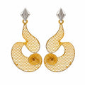 9K gold mesh spiral dangler earrings for girls with openwork design and silver-tone top accent by Marvel Silver.