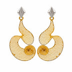 9K gold mesh spiral dangler earrings for girls with openwork design and silver-tone top accent by Marvel Silver.