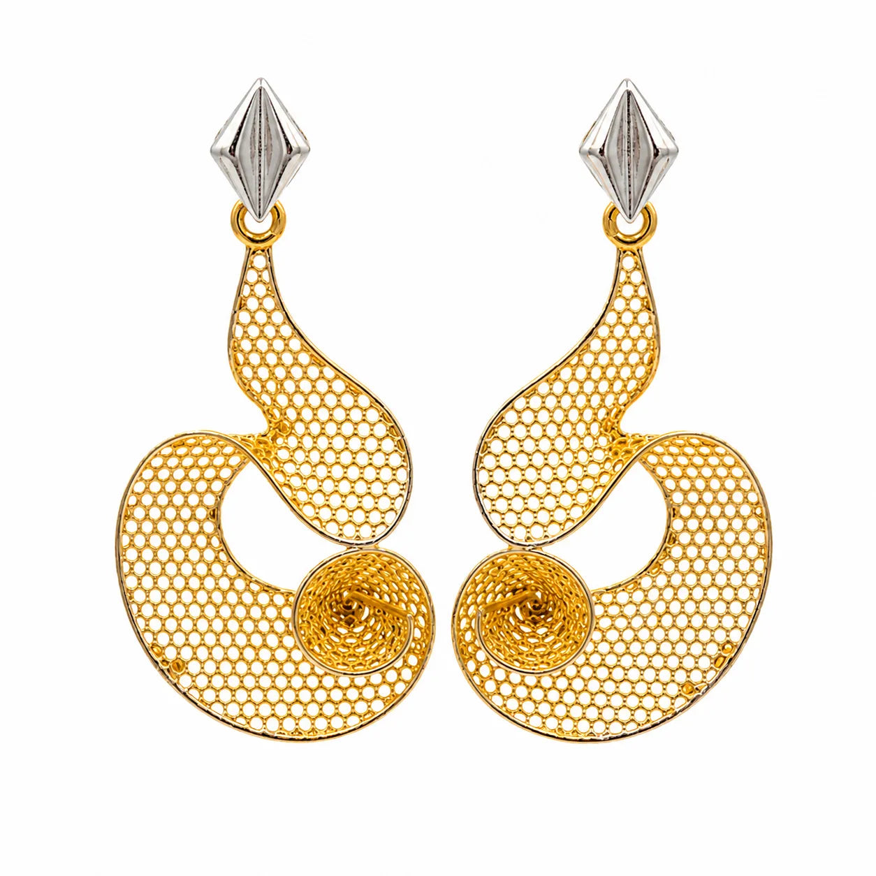 9K gold mesh spiral dangler earrings for girls with openwork design and silver-tone top accent by Marvel Silver.
