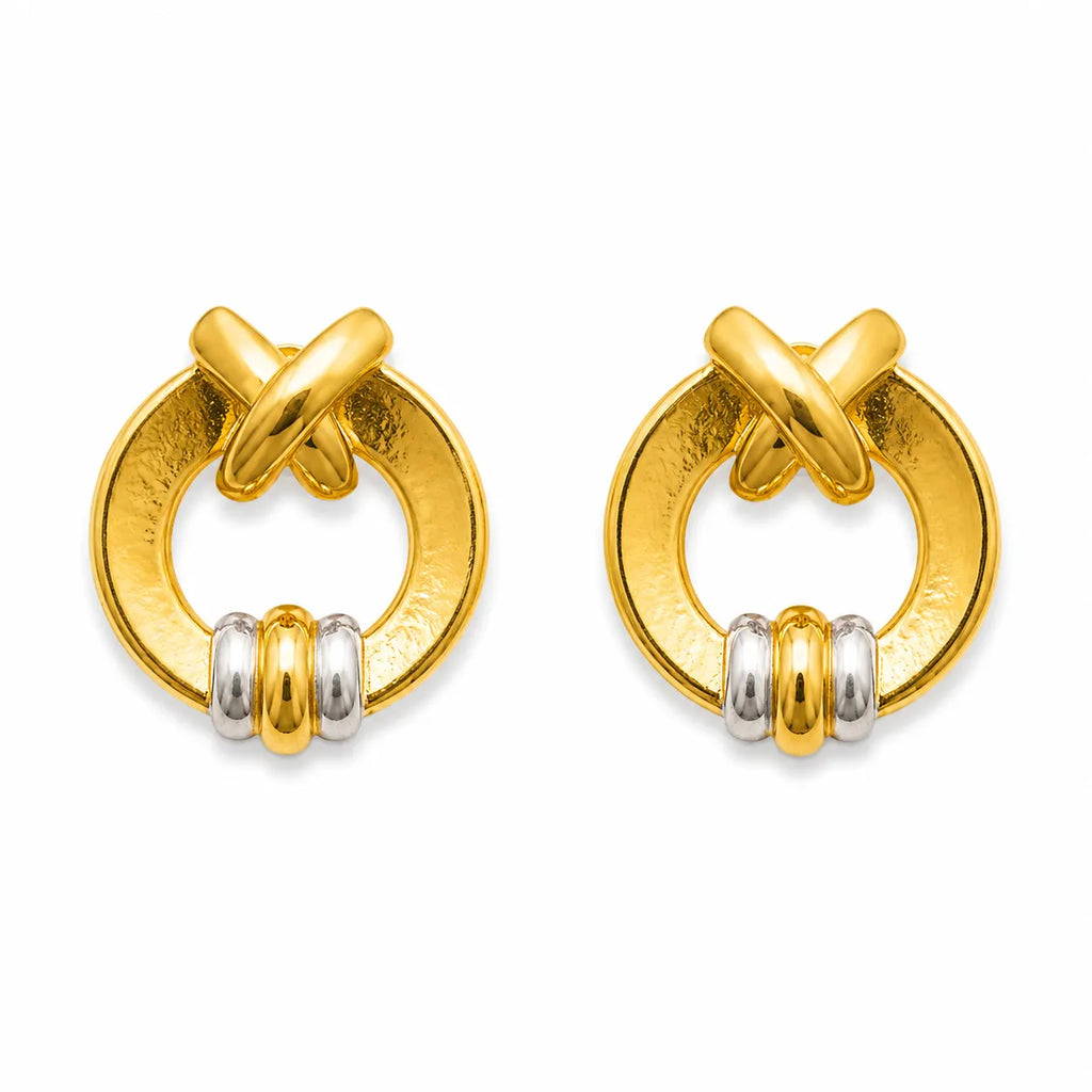 Marvel Silver 9K Gold modern circle knot stud earrings for girls featuring a polished gold circular frame with dual-tone gold and silver accents.