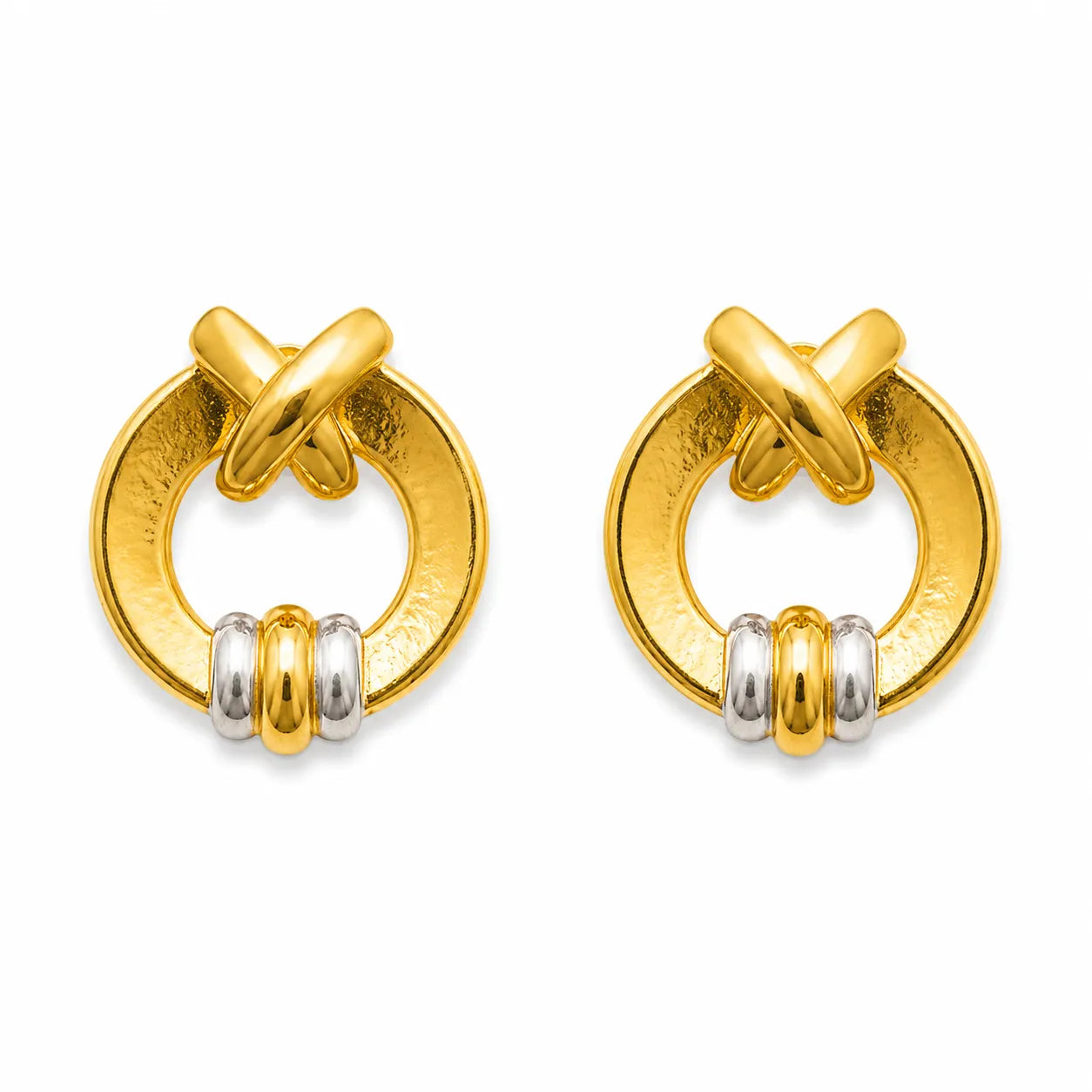 Marvel Silver 9K Gold modern circle knot stud earrings for girls featuring a polished gold circular frame with dual-tone gold and silver accents.