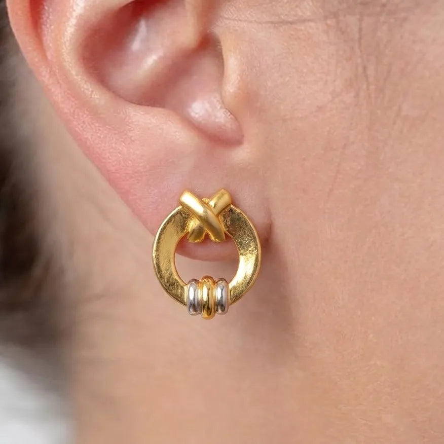 Marvel Silver 9K Gold modern circle knot stud earrings for girls featuring a polished gold circular frame with dual-tone gold and silver accents.