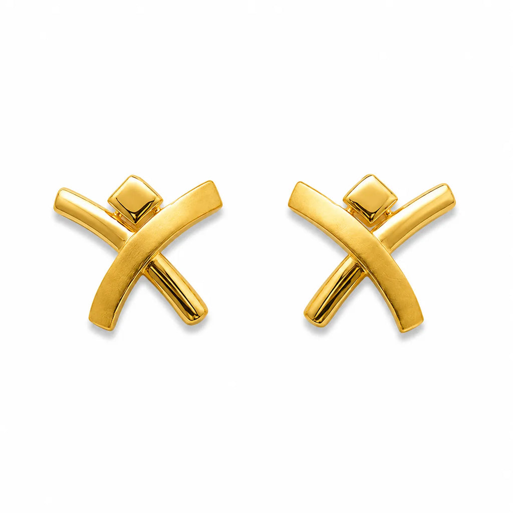 Marvel Silver 9K Gold modern cross bar stud earrings for girls featuring an intersecting geometric design with an elegant gold finish.
