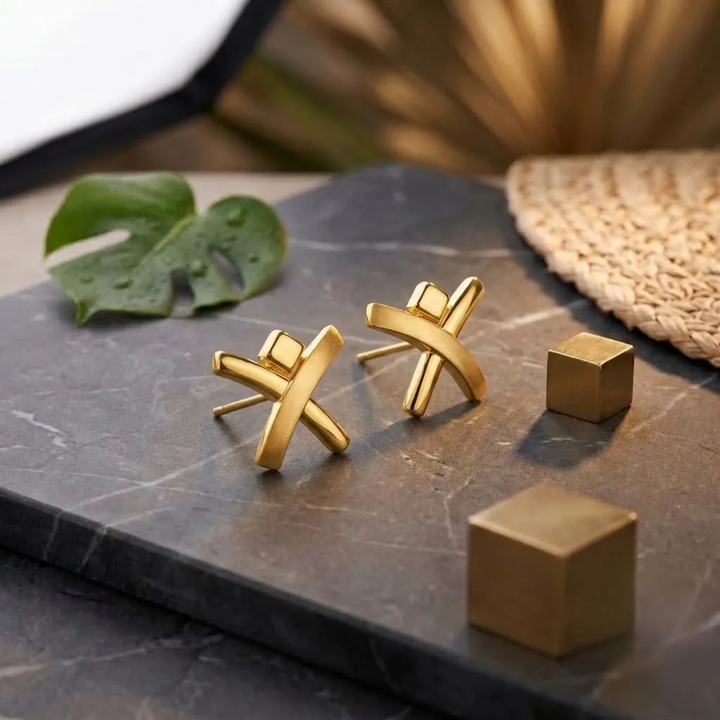Marvel Silver 9K Gold modern cross bar stud earrings for girls featuring an intersecting geometric design with an elegant gold finish.