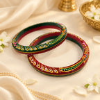 Marvel Silver 9K Gold Multicolor Meenakari Traditional Bangles Pair with Red and Green Enamel, Golden Leaf Patterns and Colourful Decorative Detailing