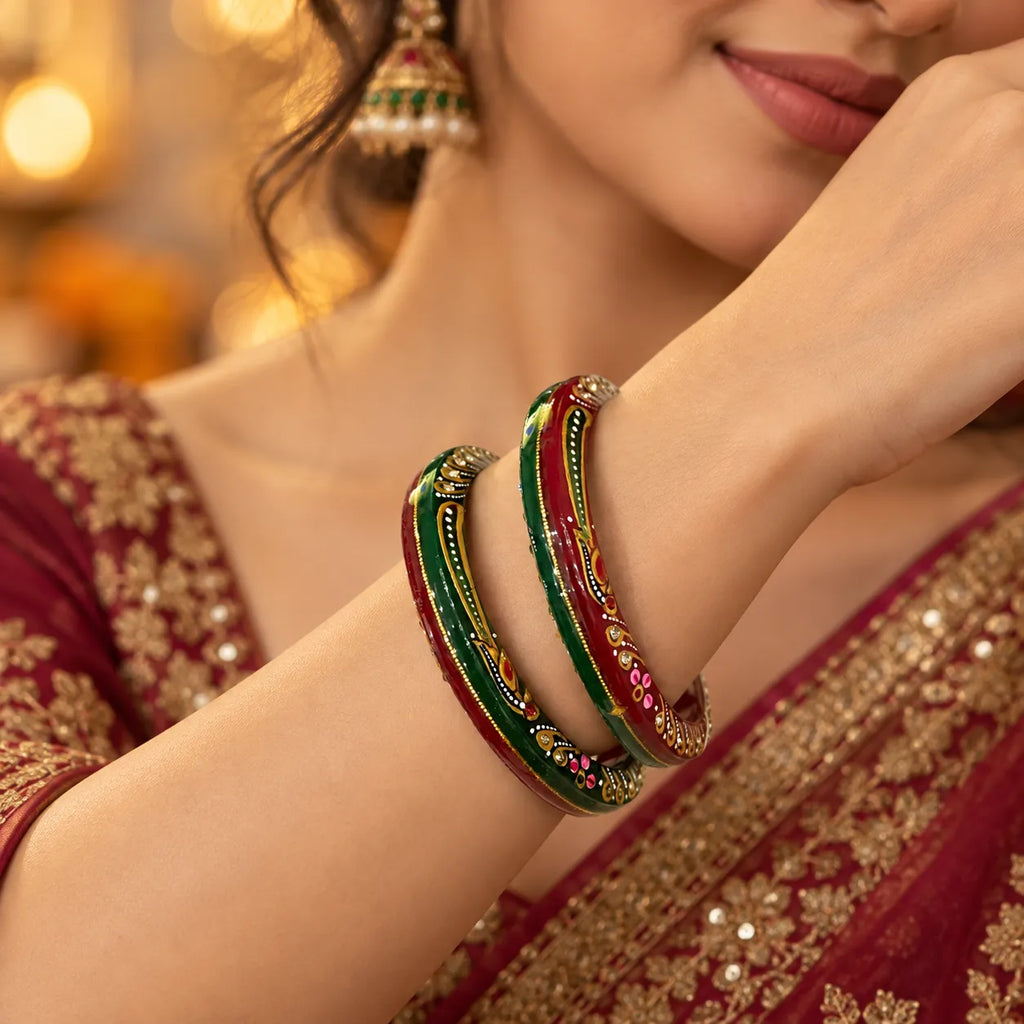 Marvel Silver 9K Gold Multicolor Meenakari Traditional Bangles Pair with Red and Green Enamel, Golden Leaf Patterns and Colourful Decorative Detailing