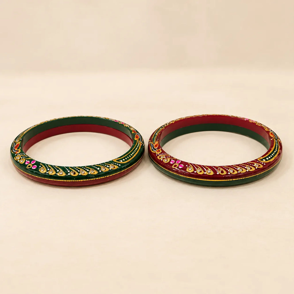 Marvel Silver 9K Gold Multicolor Meenakari Traditional Bangles Pair with Red and Green Enamel, Golden Leaf Patterns and Colourful Decorative Detailing