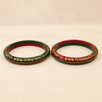Marvel Silver 9K Gold Multicolor Meenakari Traditional Bangles Pair with Red and Green Enamel, Golden Leaf Patterns and Colourful Decorative Detailing