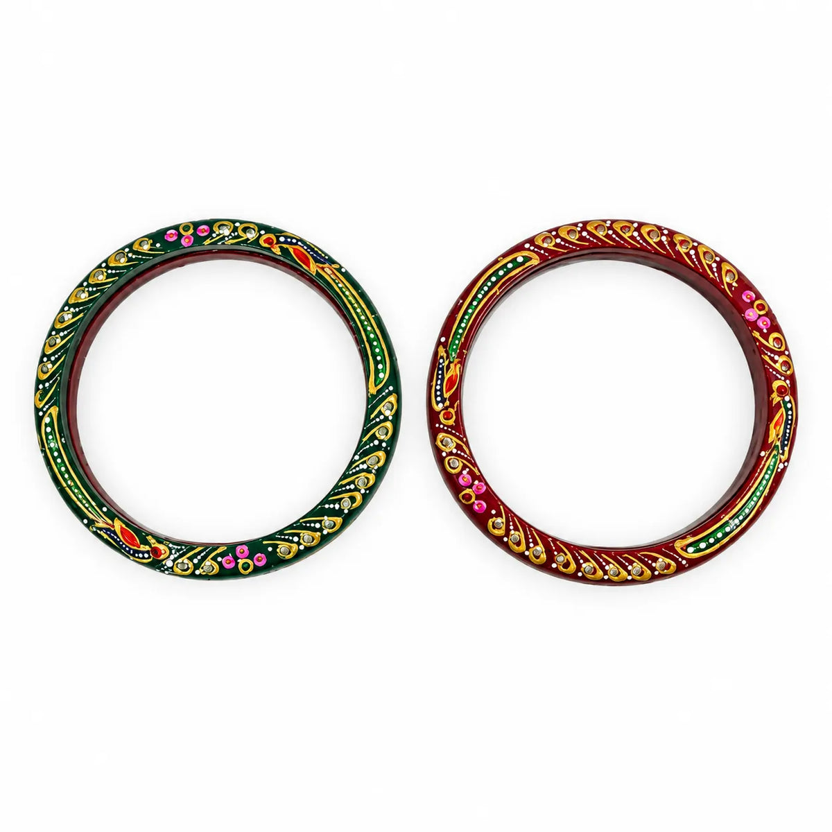 Marvel Silver 9K Gold Multicolor Meenakari Traditional Bangles Pair with Red and Green Enamel, Golden Leaf Patterns and Colourful Decorative Detailing