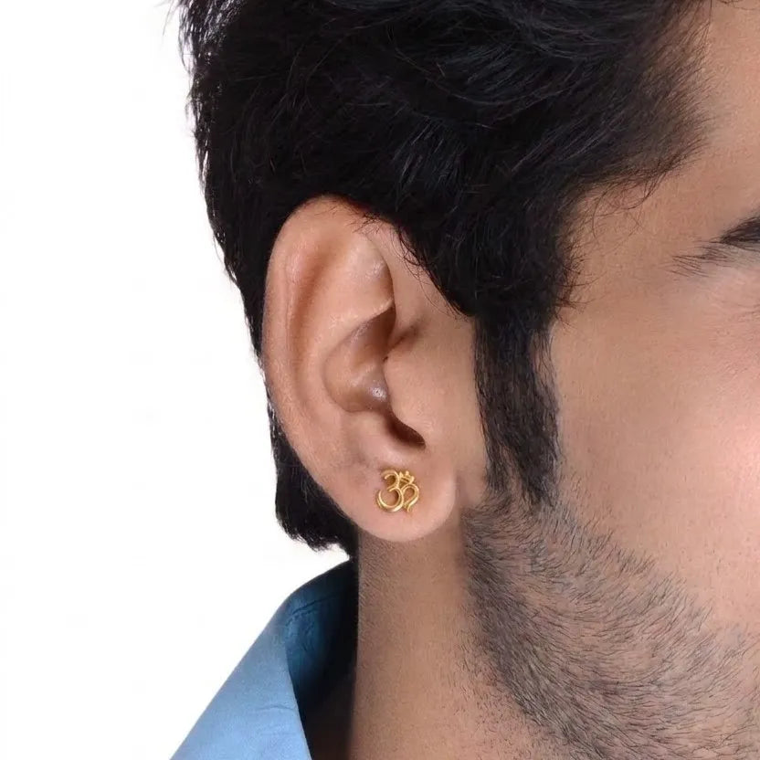 Marvel Silver 9K Gold Om stud earrings for boys and men featuring the sacred Om (ॐ) symbol in a classic gold design.