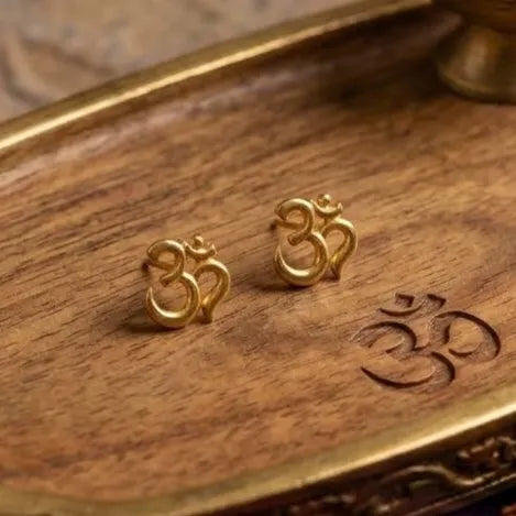 Marvel Silver 9K Gold Om stud earrings for boys and men featuring the sacred Om (ॐ) symbol in a classic gold design.
