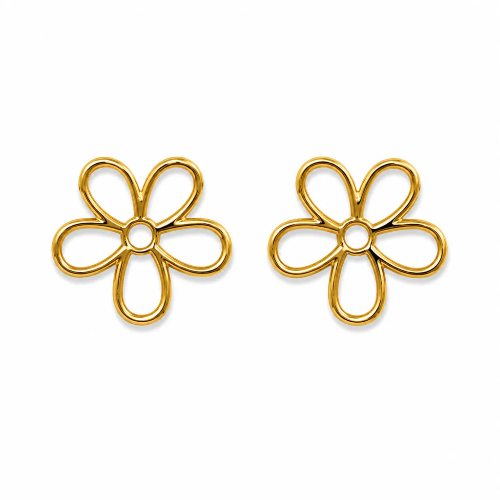 Marvel Silver 9K Gold open flower stud earrings for girls featuring a minimalist five-petal floral outline design with a polished gold finish.