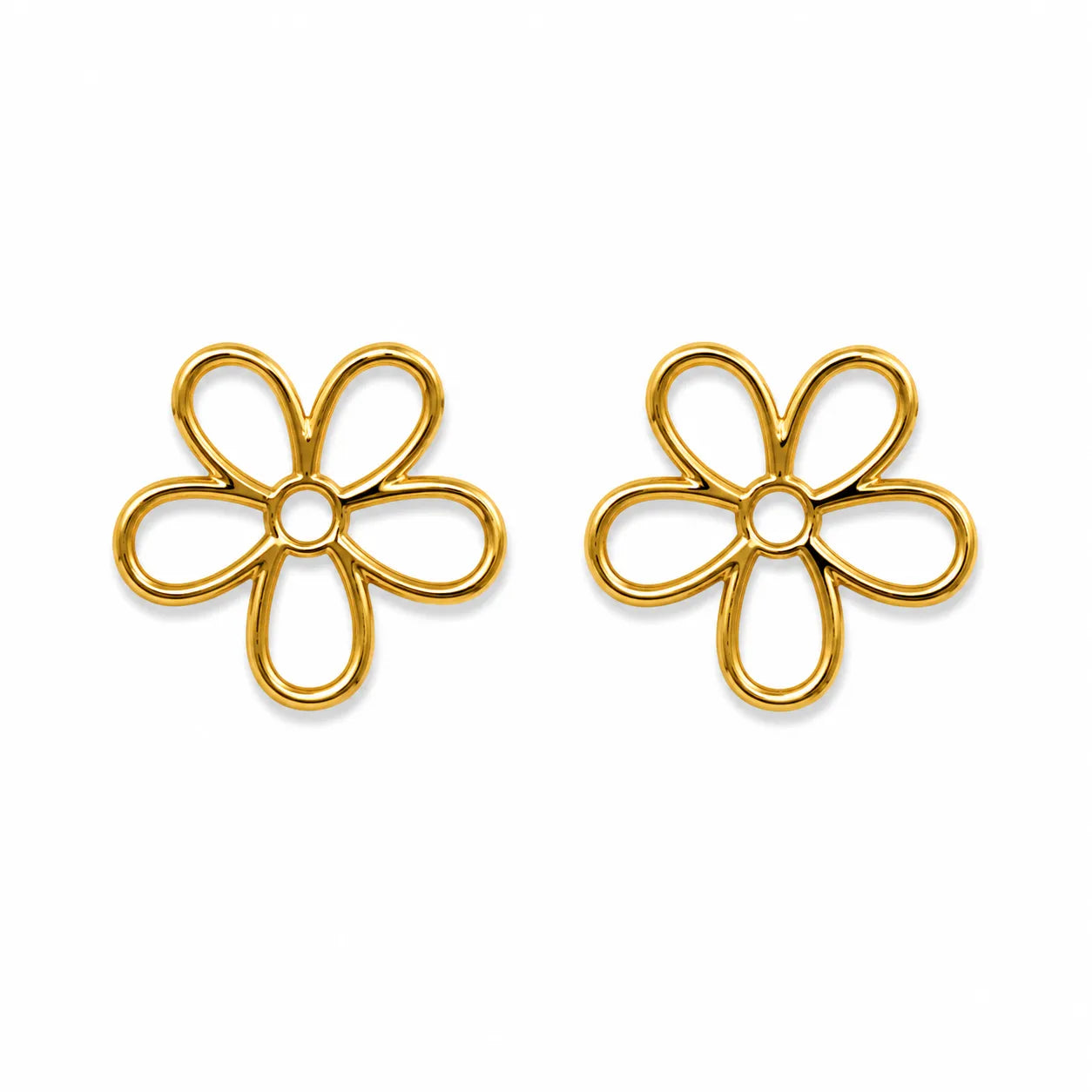 Marvel Silver 9K Gold open flower stud earrings for girls featuring a minimalist five-petal floral outline design with a polished gold finish.