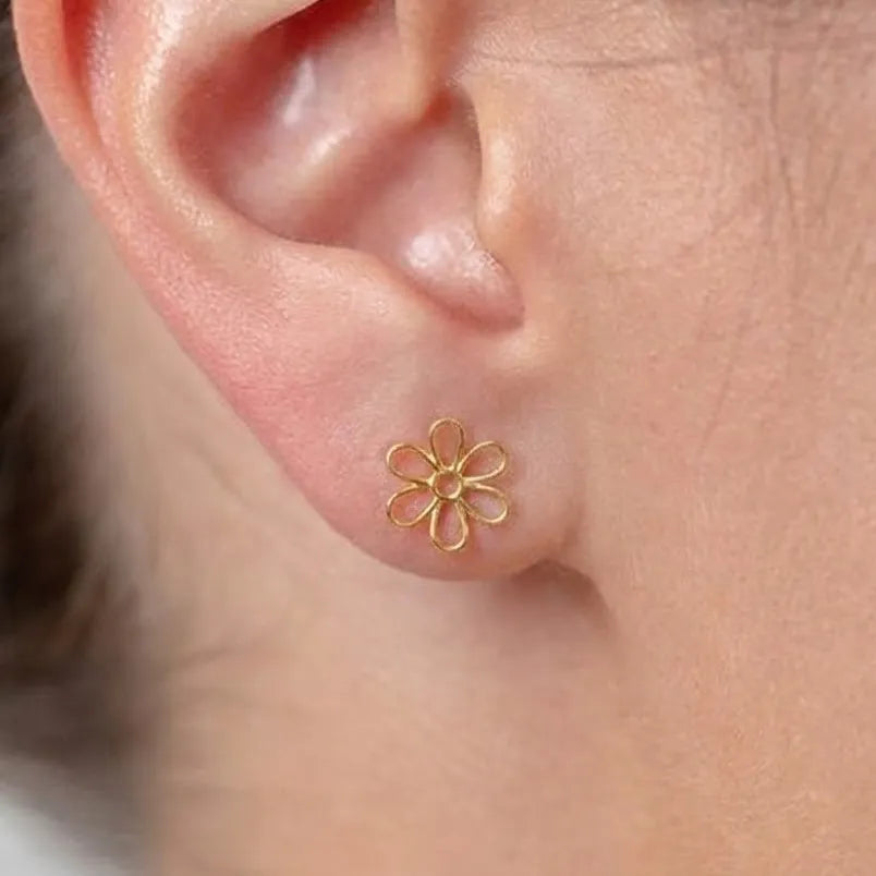 Marvel Silver 9K Gold open flower stud earrings for girls featuring a minimalist five-petal floral outline design with a polished gold finish.