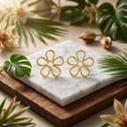 Marvel Silver 9K Gold open flower stud earrings for girls featuring a minimalist five-petal floral outline design with a polished gold finish.
