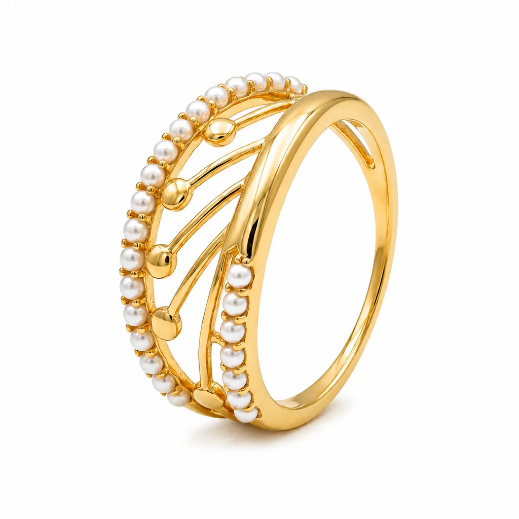 9K gold pearl designer ring for girls with openwork curved design and white pearl detailing by Marvel Silver.