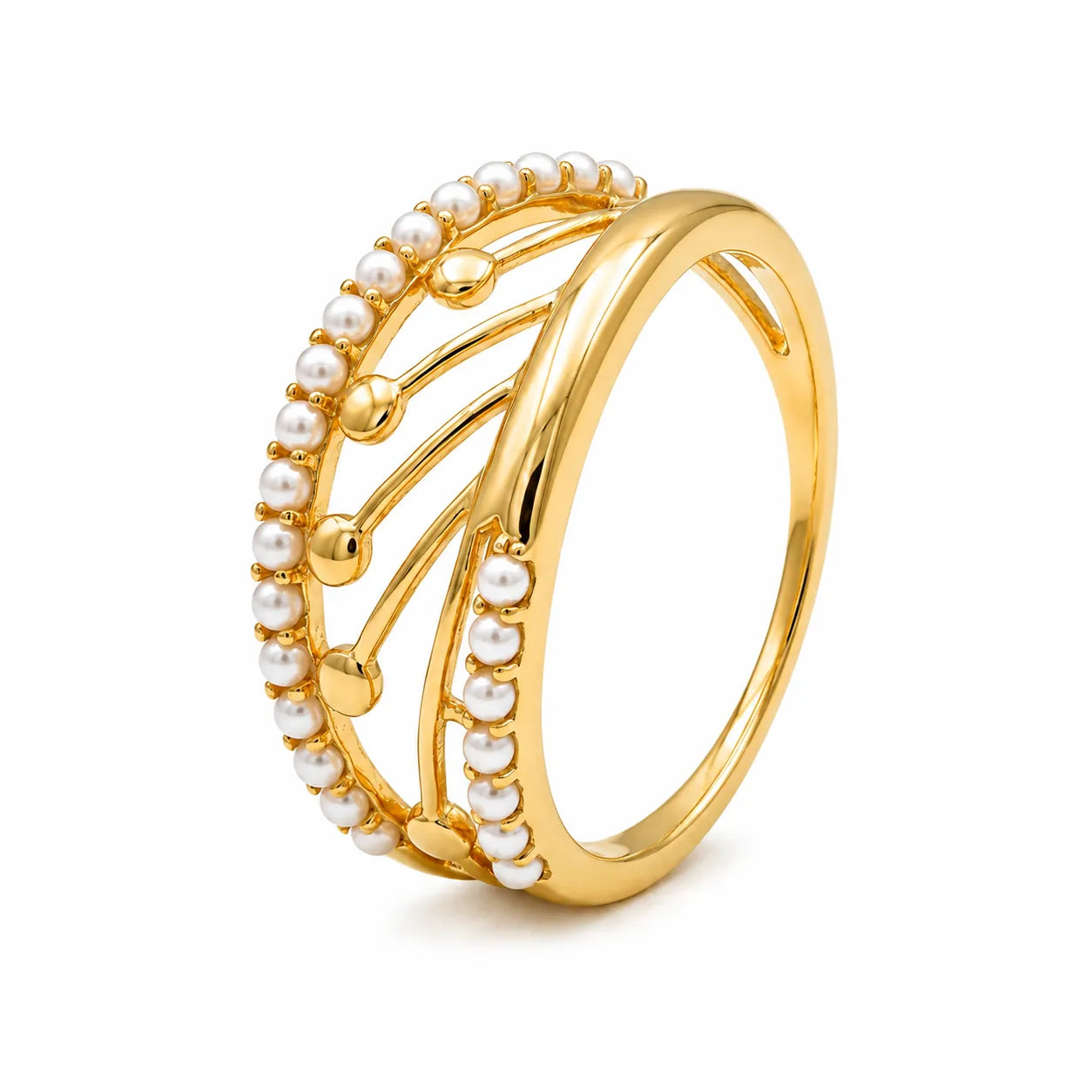 9K gold pearl designer ring for girls with openwork curved design and white pearl detailing by Marvel Silver.