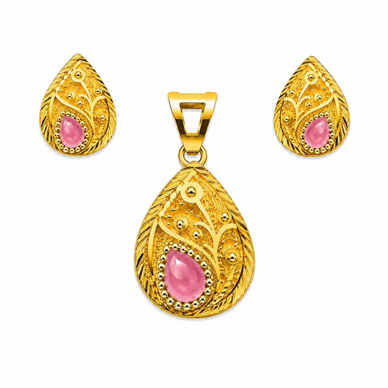 Marvel Silver 9K Gold Pink Stone Teardrop Necklace Set with Matching Earrings for Women, Chain Not Included