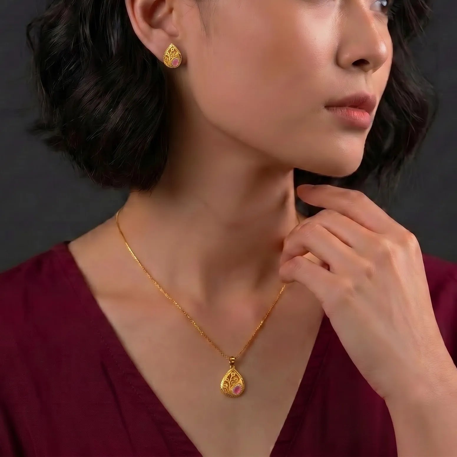 Marvel Silver 9K Gold Pink Stone Teardrop Necklace Set with Matching Earrings for Women, Chain Not Included