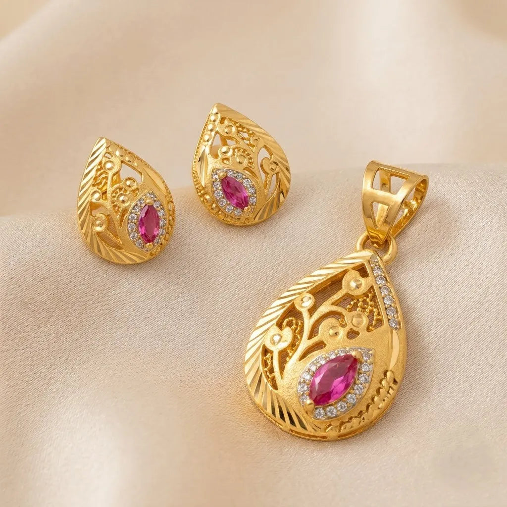 Marvel Silver 9K Gold Pink Stone Teardrop Necklace Set with Matching Earrings for Women, Chain Not Included