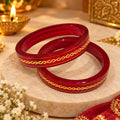 Marvel Silver 9K Gold Red Enamel Classic Traditional Bangles Pair for Women with Glossy Red Finish and Elegant Golden Chain Pattern