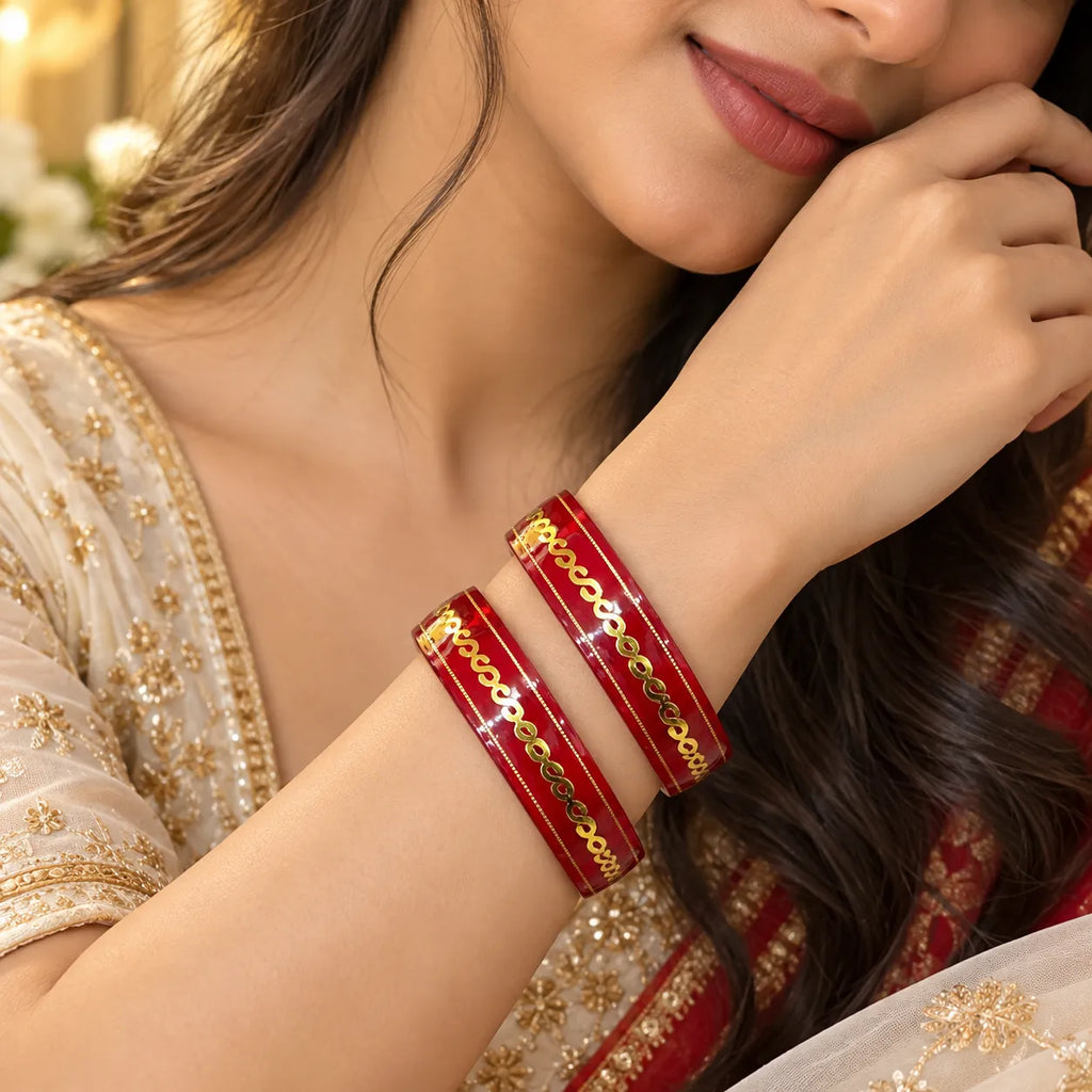 Marvel Silver 9K Gold Red Enamel Classic Traditional Bangles Pair for Women with Glossy Red Finish and Elegant Golden Chain Pattern