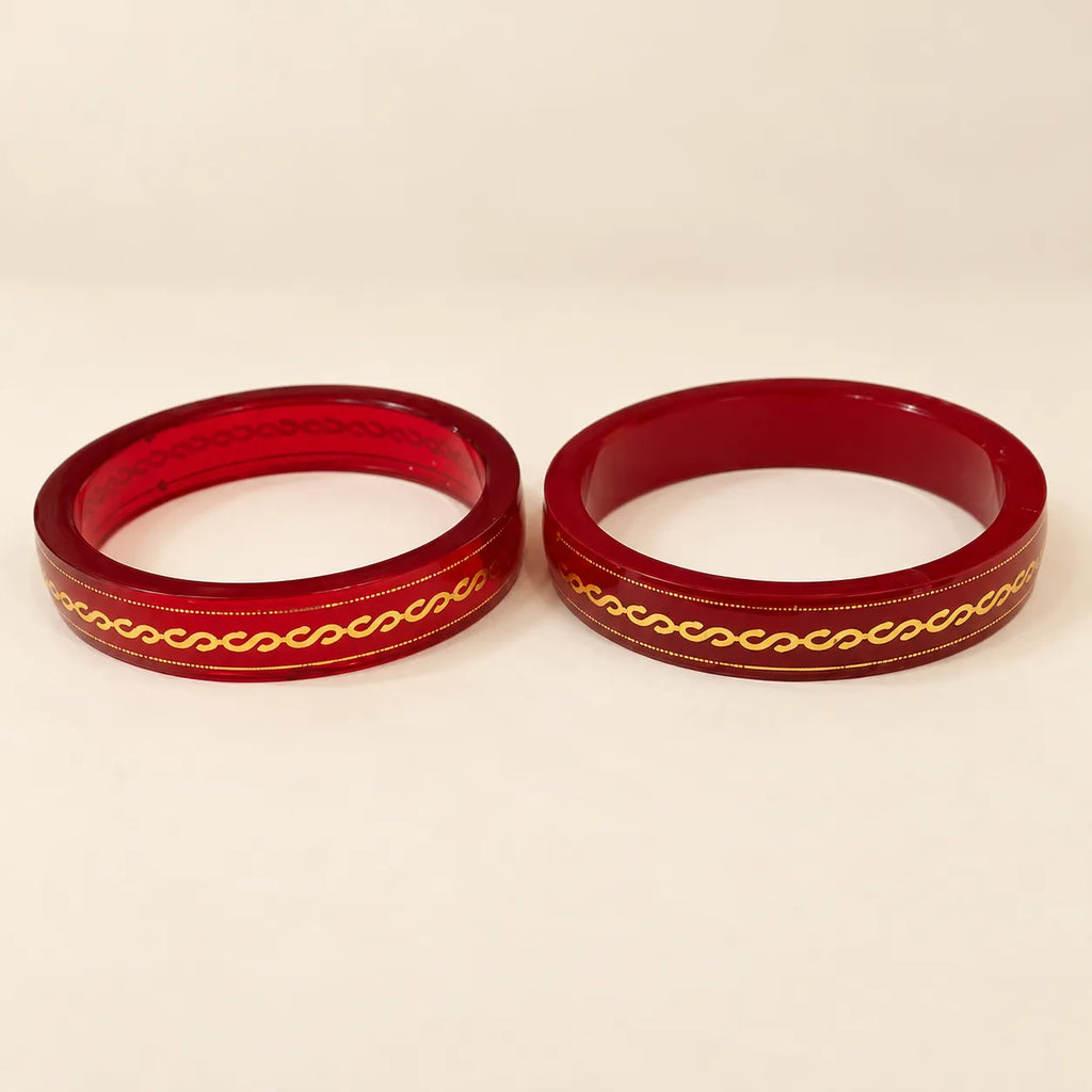 Marvel Silver 9K Gold Red Enamel Classic Traditional Bangles Pair for Women with Glossy Red Finish and Elegant Golden Chain Pattern