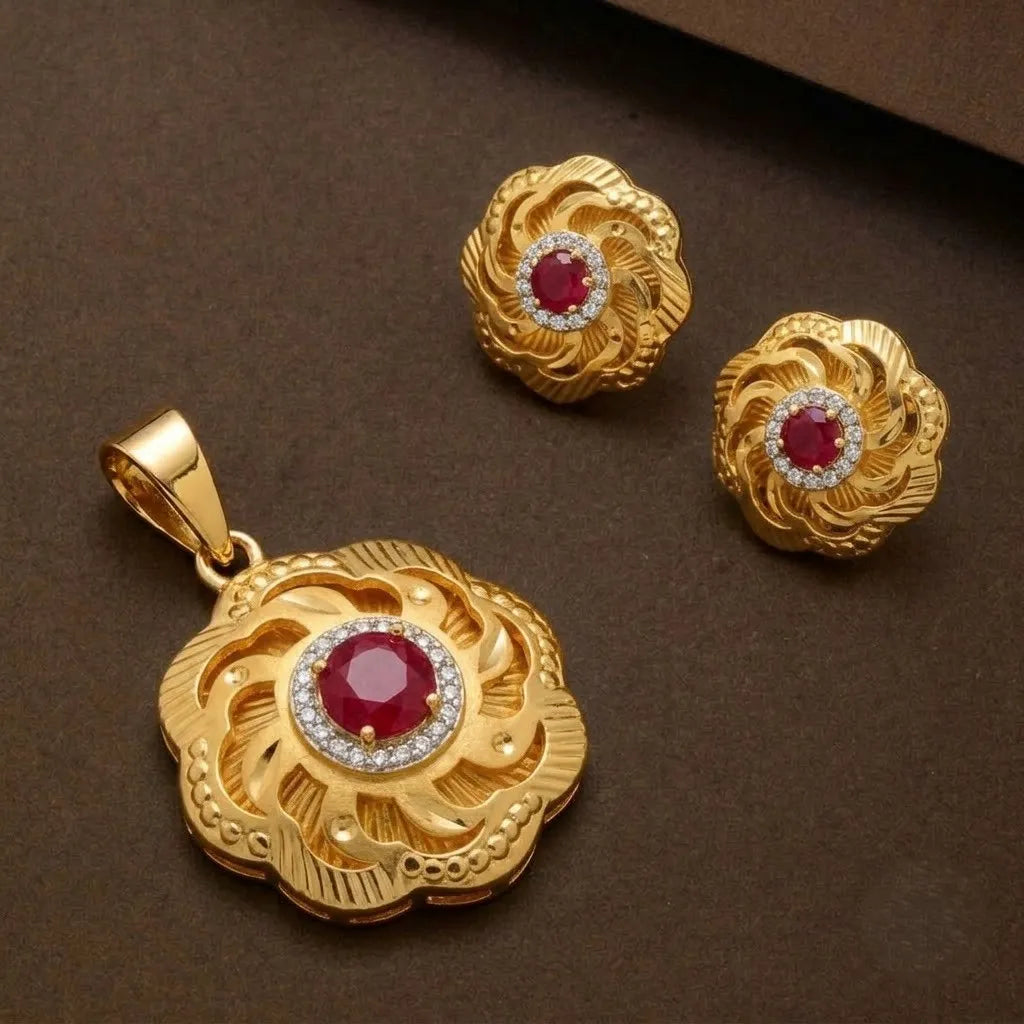 Marvel Silver 9K Gold Red Stone Floral Necklace Set with Matching Earrings for Women and Girls, Gold Finish, Chain Not Included