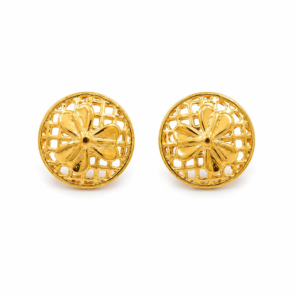 Marvel Silver 9K gold round floral stud earrings for women and girls featuring an elegant flower design with an openwork circular pattern.