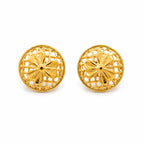 Marvel Silver 9K gold round floral stud earrings for women and girls featuring an elegant flower design with an openwork circular pattern.