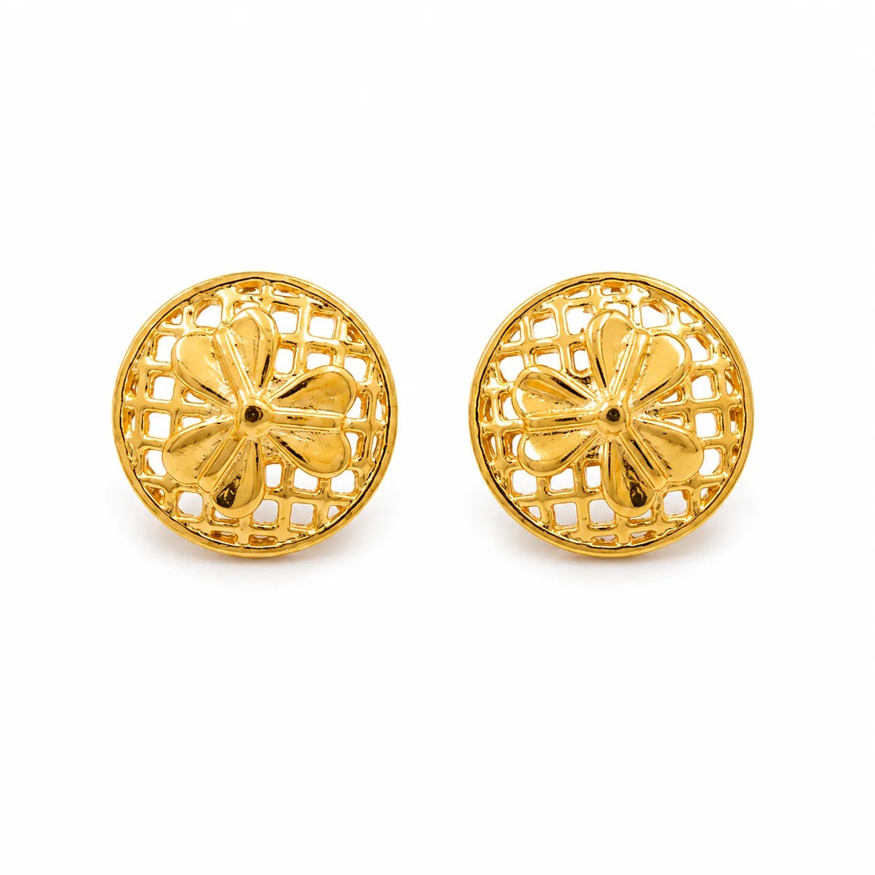 Marvel Silver 9K gold round floral stud earrings for women and girls featuring an elegant flower design with an openwork circular pattern.