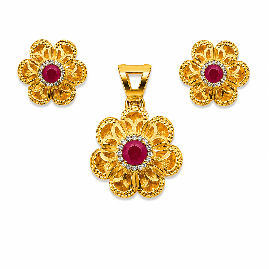 Marvel Silver 9K Gold Ruby Floral Necklace Set with Matching Earrings and White Stone Detailing – Chain Not Included