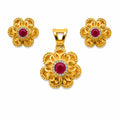 Marvel Silver 9K Gold Ruby Floral Necklace Set with Matching Earrings and White Stone Detailing – Chain Not Included