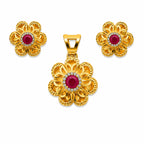 Marvel Silver 9K Gold Ruby Floral Necklace Set with Matching Earrings and White Stone Detailing – Chain Not Included