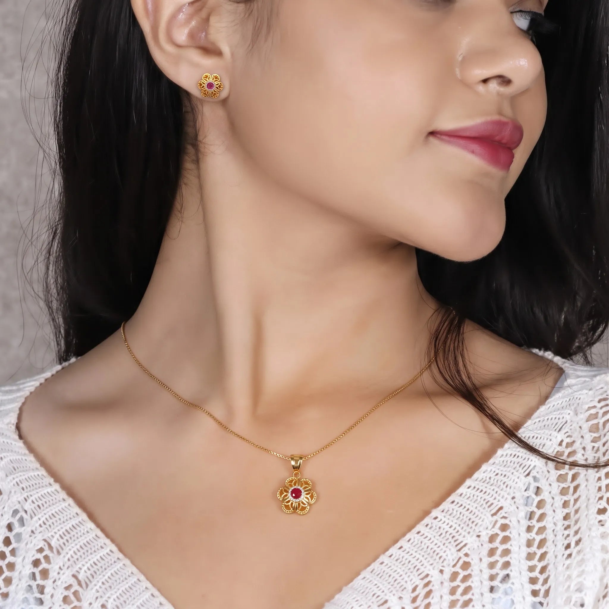 Marvel Silver 9K Gold Ruby Floral Necklace Set with Matching Earrings and White Stone Detailing – Chain Not Included