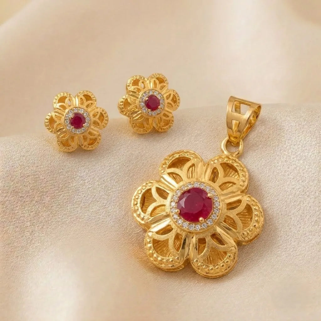 Marvel Silver 9K Gold Ruby Floral Necklace Set with Matching Earrings and White Stone Detailing – Chain Not Included